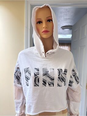 PINK Victorias Secret cropped white hoodie with mesh sleeves size XS